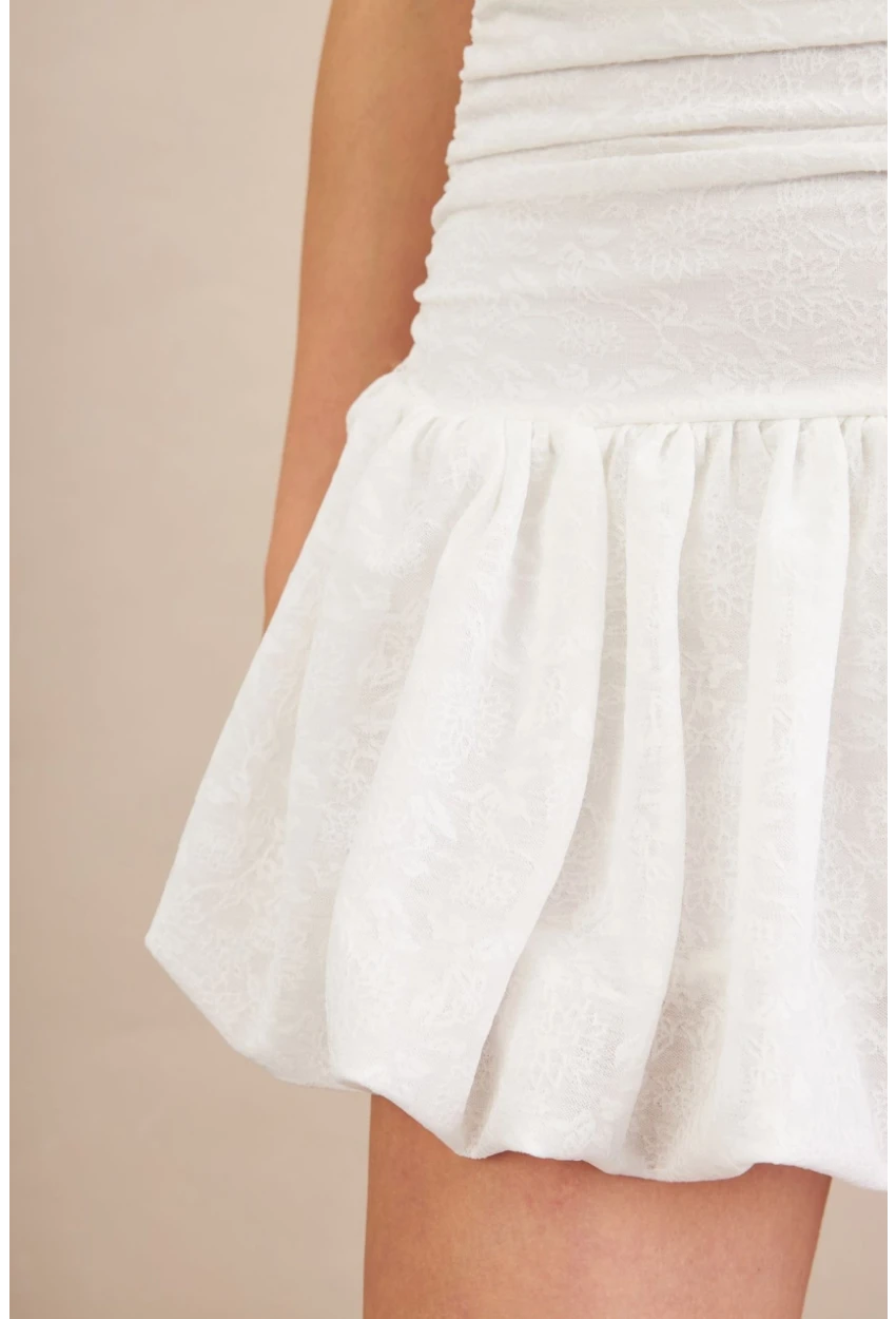 Kadın Beyaz Volanlı Astarlı Mini Tül Elbise KED7316