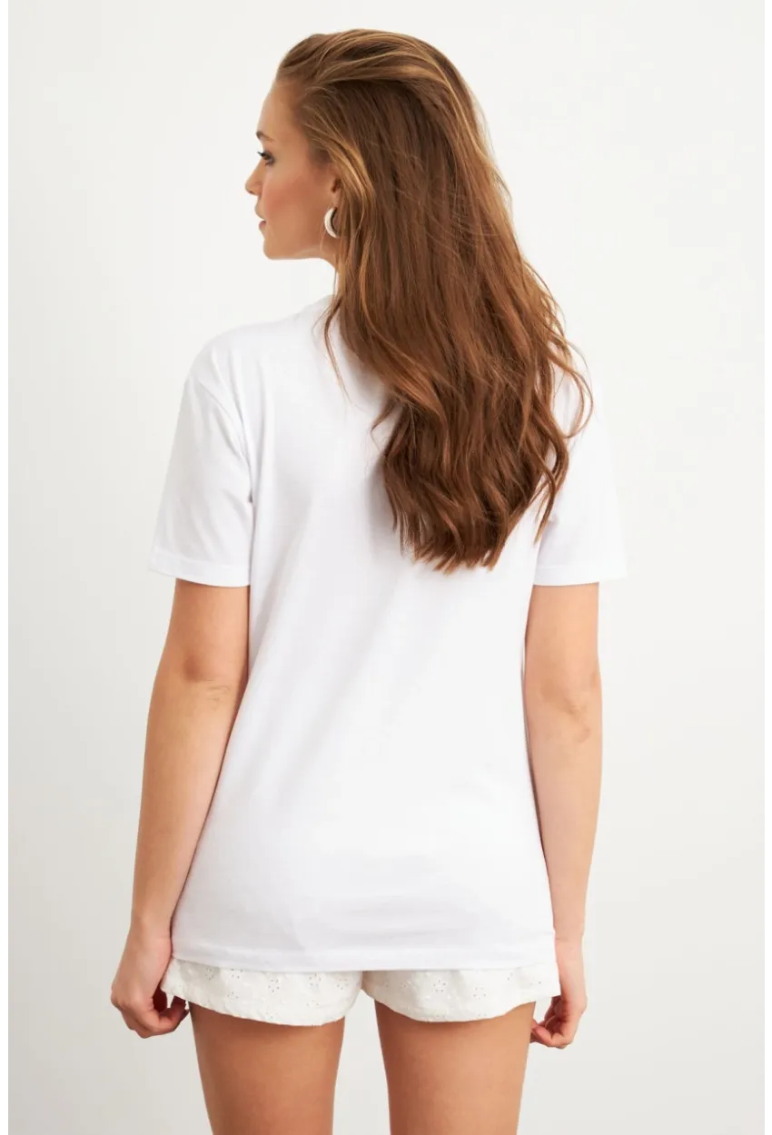 Kadın Beyaz-Yeşil Baskılı Pijama T-Shirt AYD411