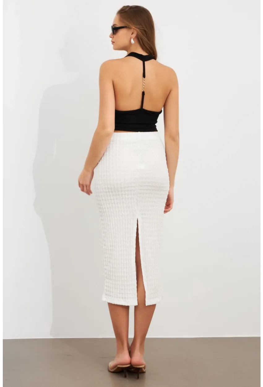 Kadın Beyaz Yırtmaçlı Bürümcük Midi Etek ZH329