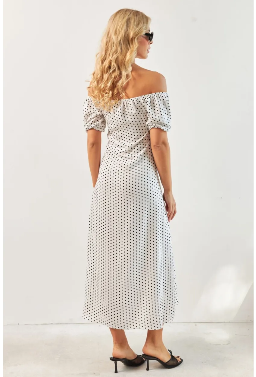 Kadın Beyaz Yırtmaçlı Desenli Midi Elbise KED0243