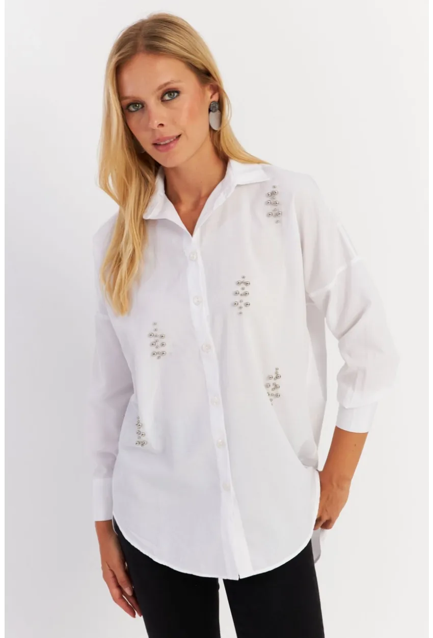 Kadın Beyaz Zımbalı Gömlek MASF1