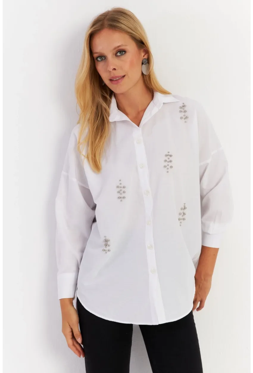 Kadın Beyaz Zımbalı Gömlek MASF1