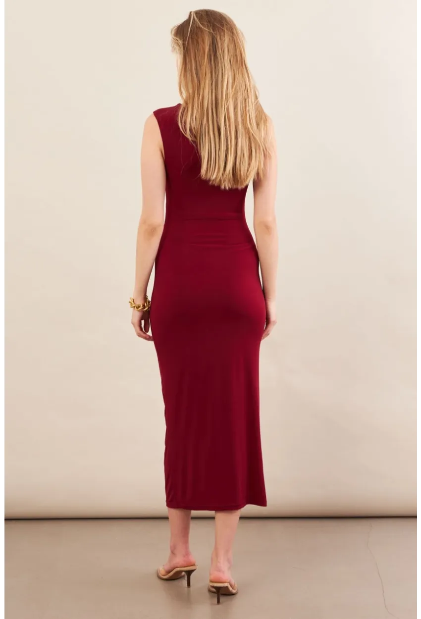 Kadın Bordo Aksesuarlı Büzgülü Midi Elbise İRE102