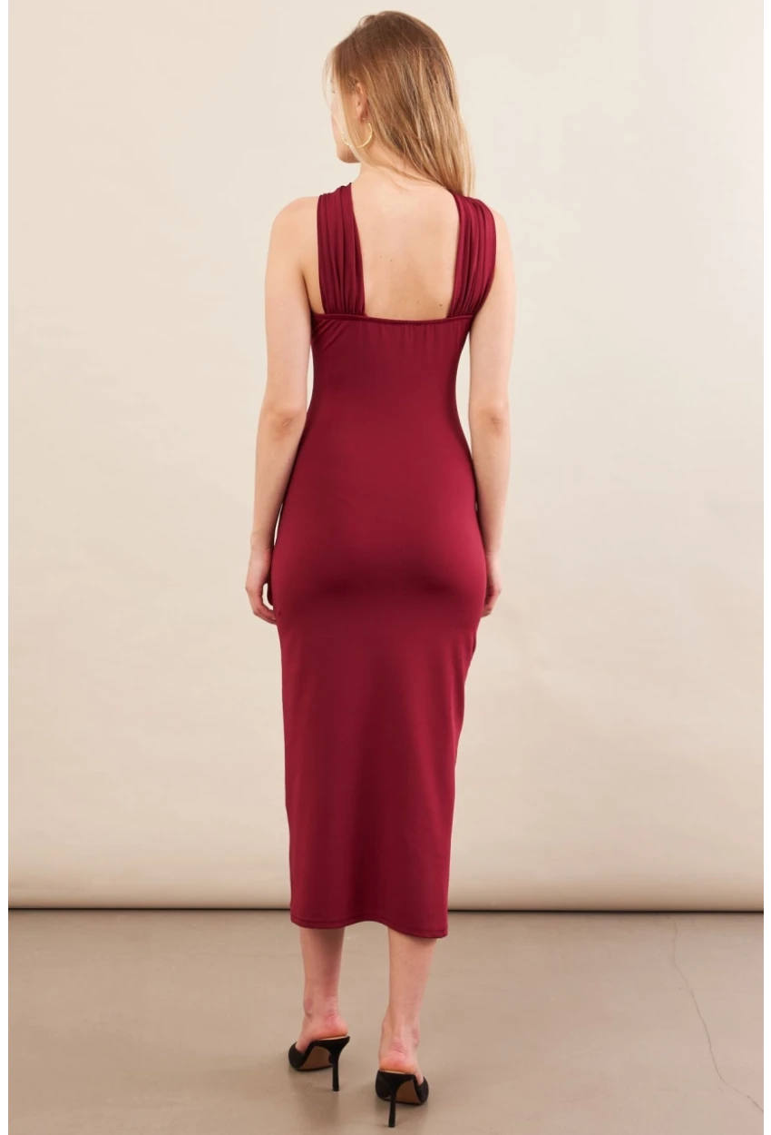 Kadın Bordo Aksesuarlı Midi Elbise İRE101