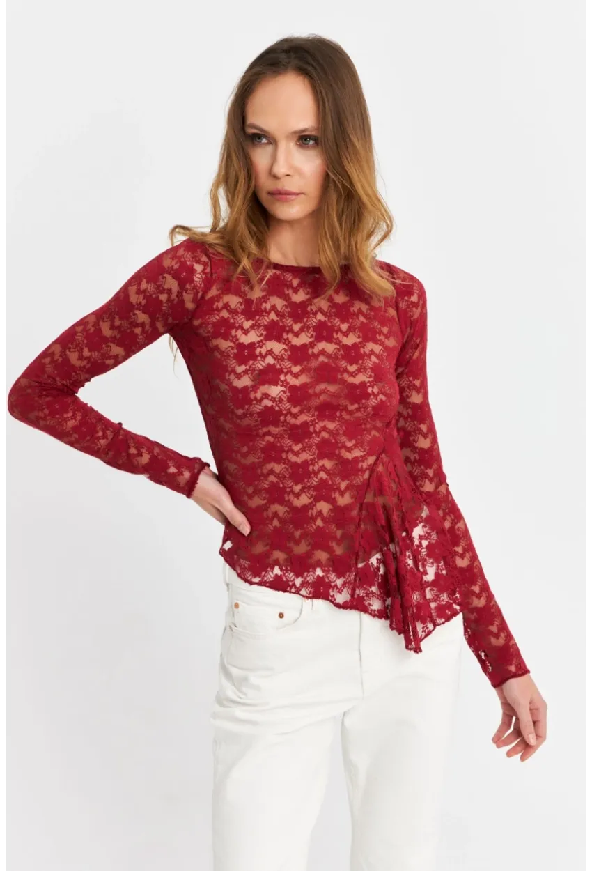 Kadın Bordo Asimetrik Dantel Bluz MTK13288