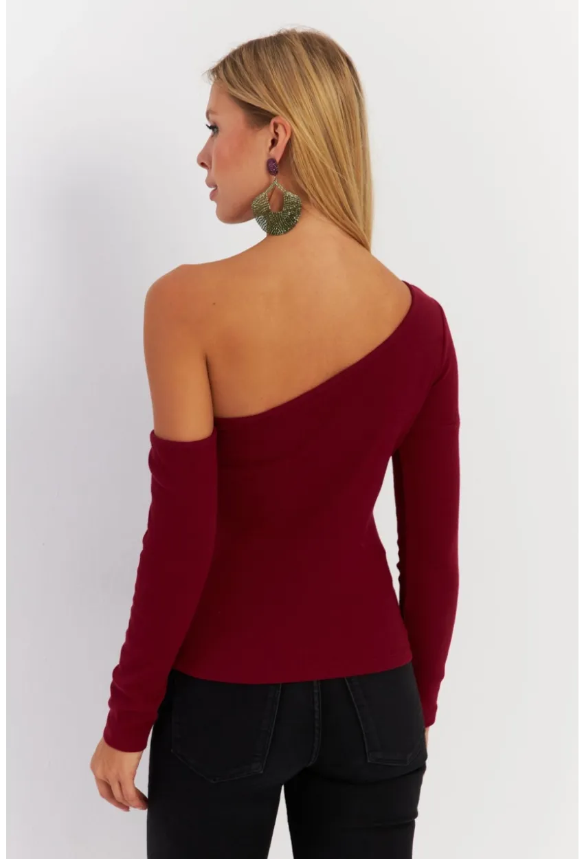Kadın Bordo Asimetrik Kollu Kaşkorse Bluz HOR1