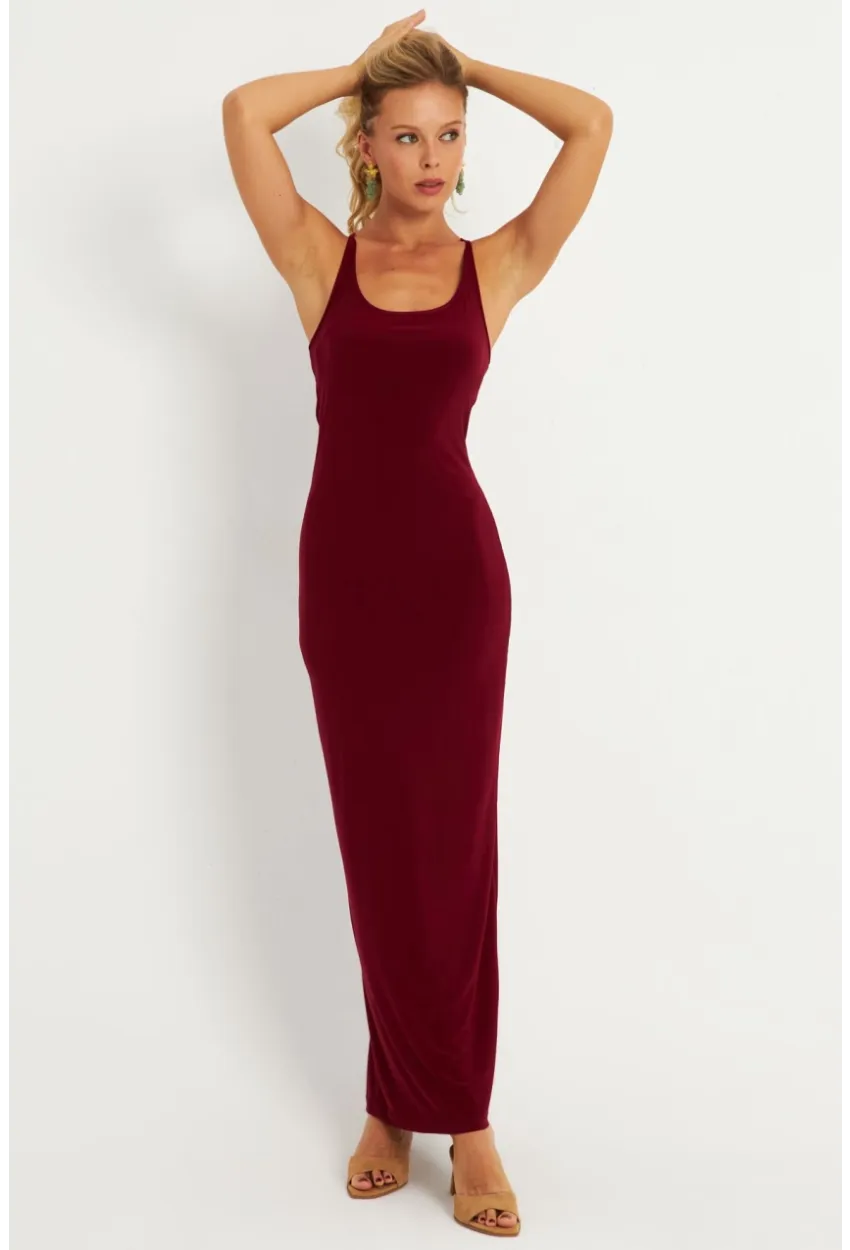 Kadın Bordo Ayarlanabilir Askılı Maxi Elbise MEN2004