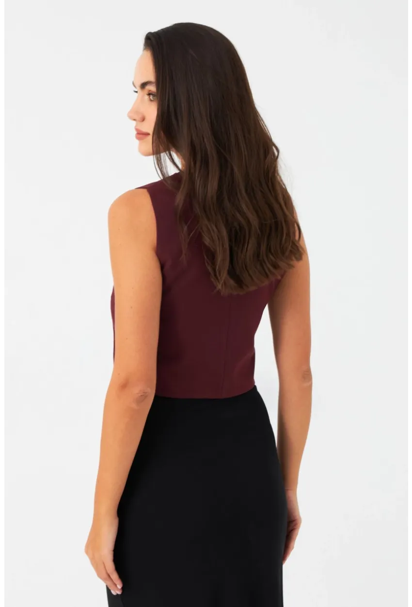 Kadın Bordo Bağlama Detaylı Astarlı Yelek ELA6645