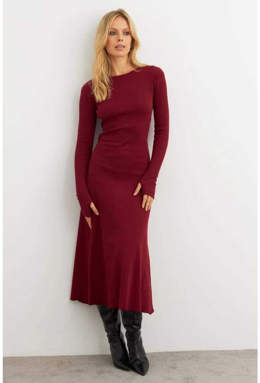 Kadın Bordo Bağlamalı Kaşkorse Midi Elbise MFRY2268