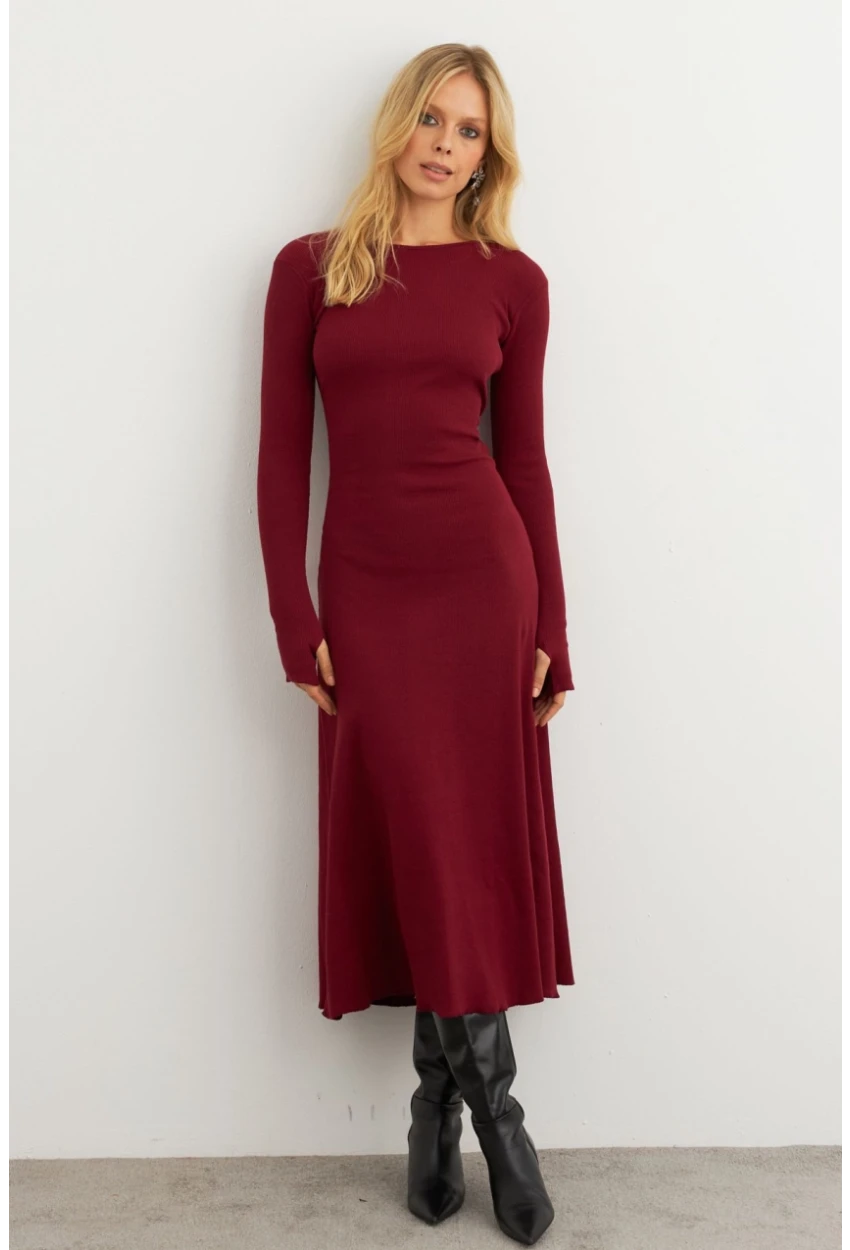 Kadın Bordo Bağlamalı Kaşkorse Midi Elbise MFRY2268