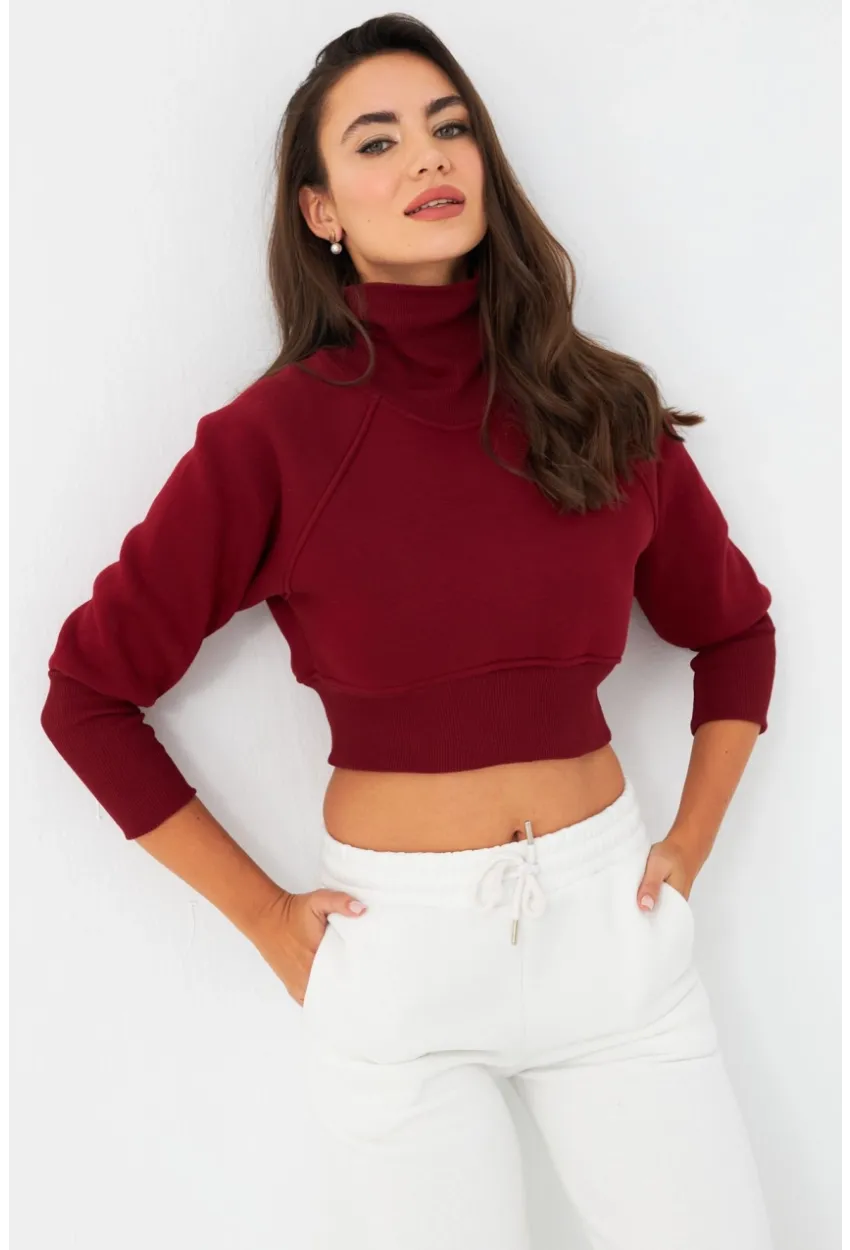 Kadın Bordo Balıkçı Crop Sweatshirt DY1469