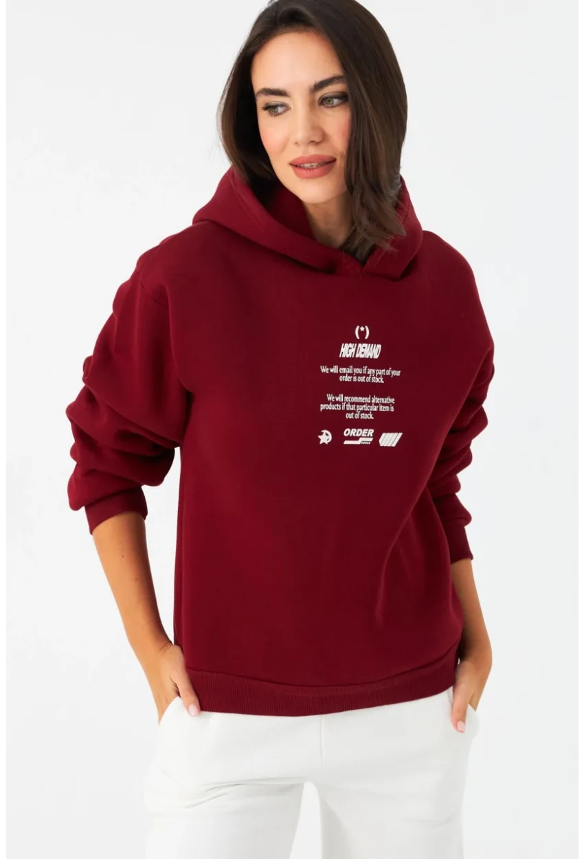 Kadın Bordo Baskılı Kapüşonlu Sweatshirt DY1451
