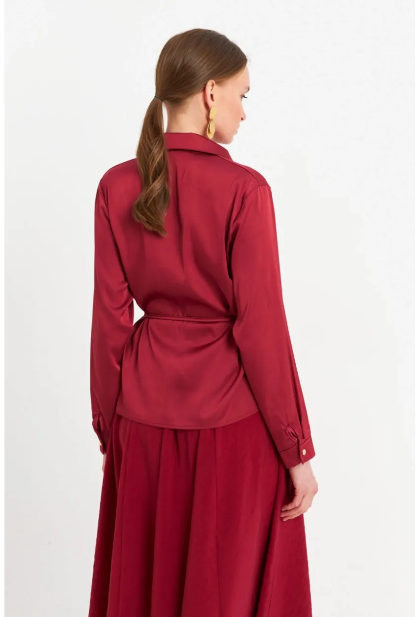 Kadın Bordo Beli Bağlamalı Saten Gömlek MMRS4212