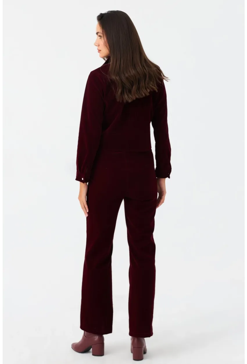 Kadın Bordo Beli Lastikli Kadife Pantolon CAR1076