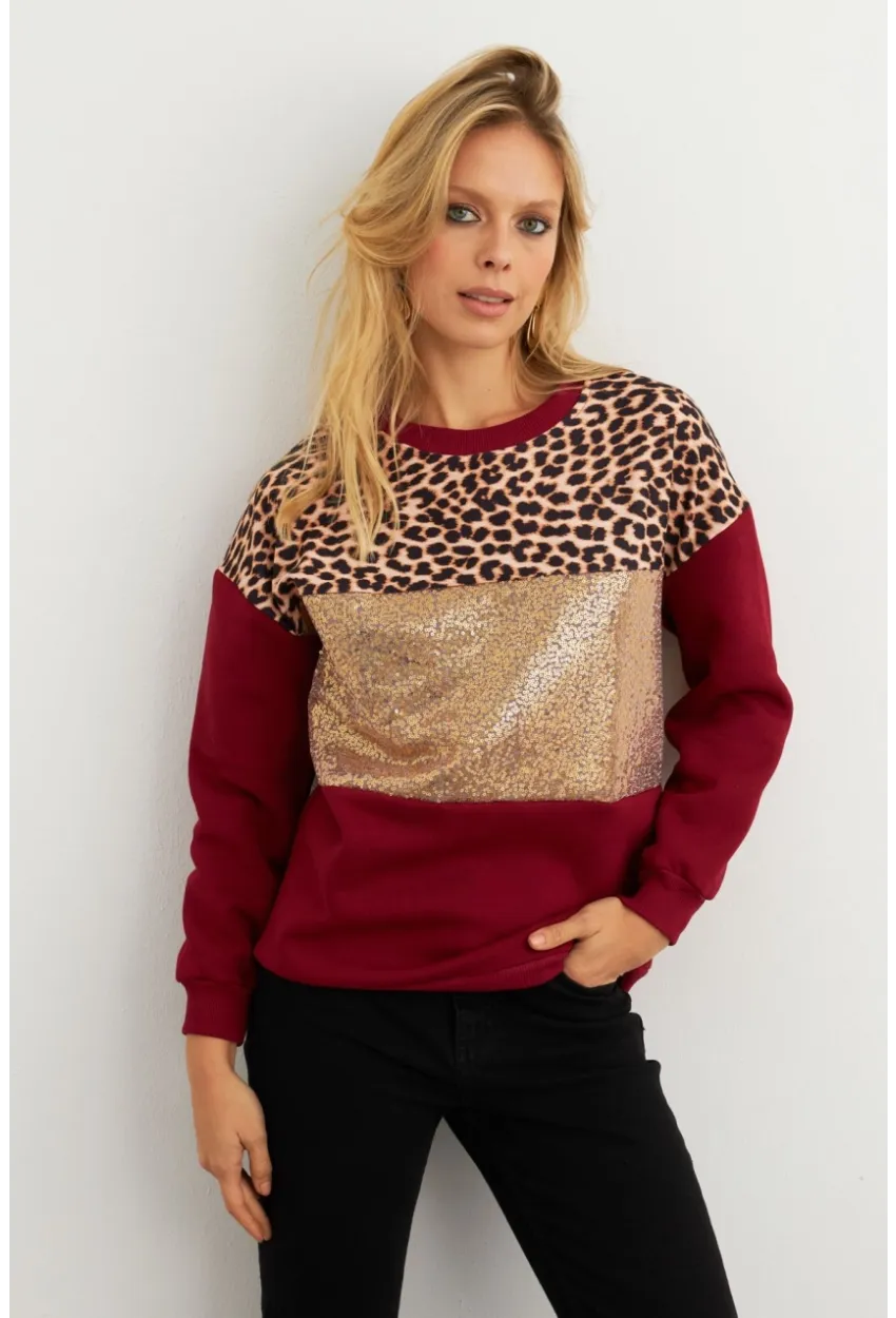 Kadın Bordo Bloklu Sweatshirt MST098