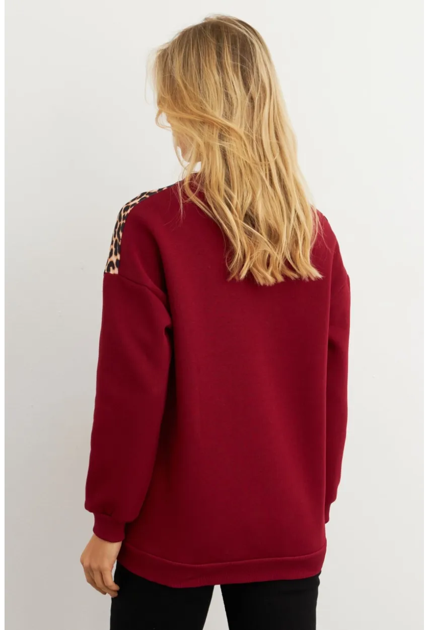 Kadın Bordo Bloklu Sweatshirt MST098