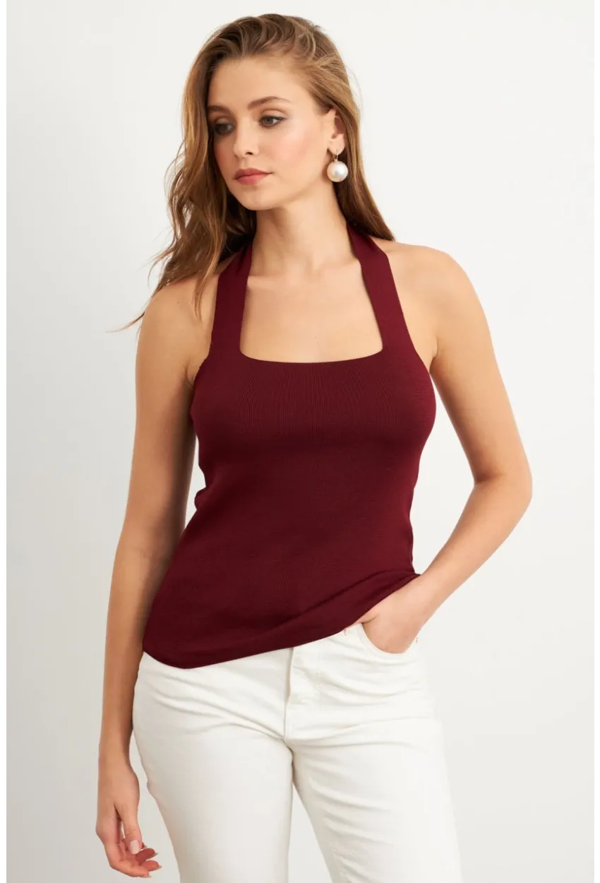 Kadın Bordo Boyundan Bağlamalı Triko Bluz YV356