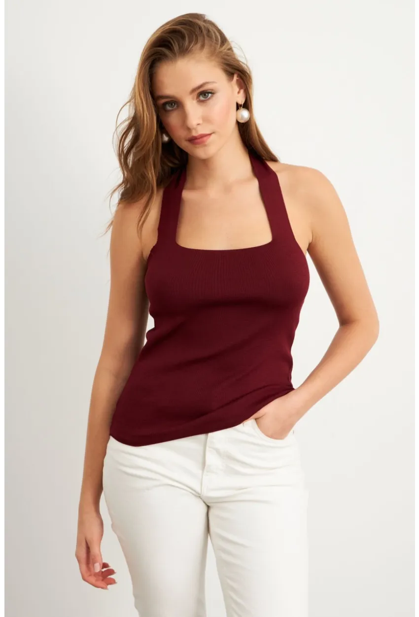 Kadın Bordo Boyundan Bağlamalı Triko Bluz YV356