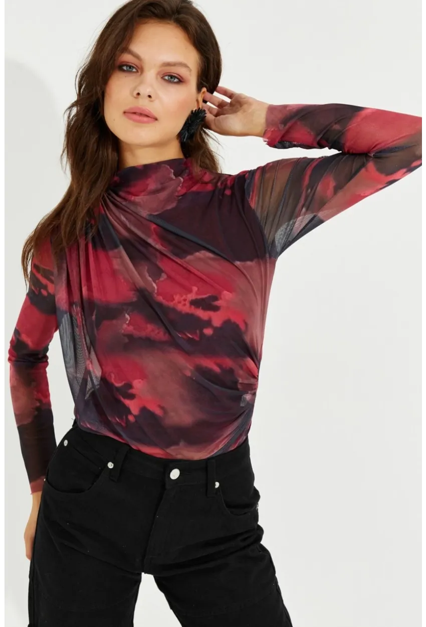 Kadın Bordo Büzgülü Astarlı Tül Bluz LPP1231