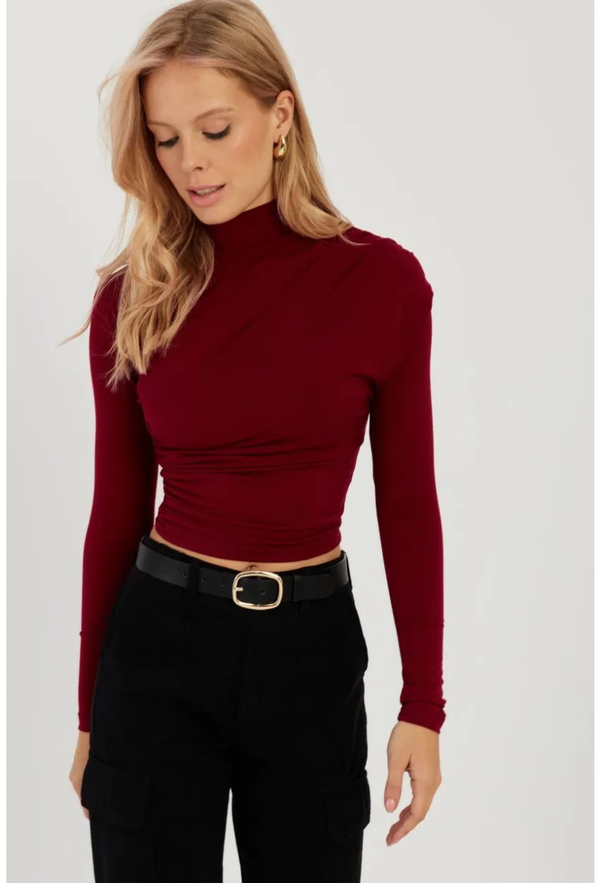 Kadın Bordo Büzgülü Kısa Bluz MEN2023-90