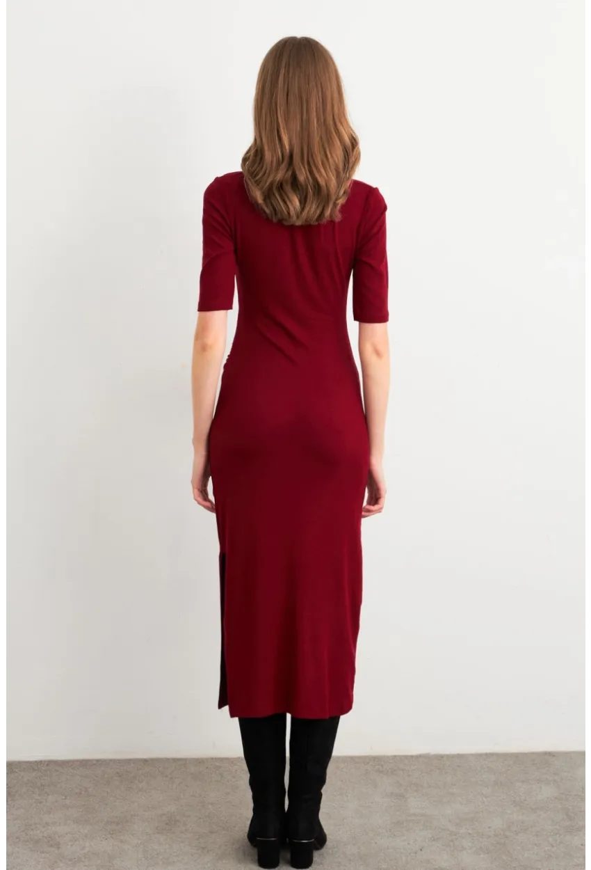 Kadın Bordo Büzgülü Yırtmaçlı Tshırt Elbise FS9594