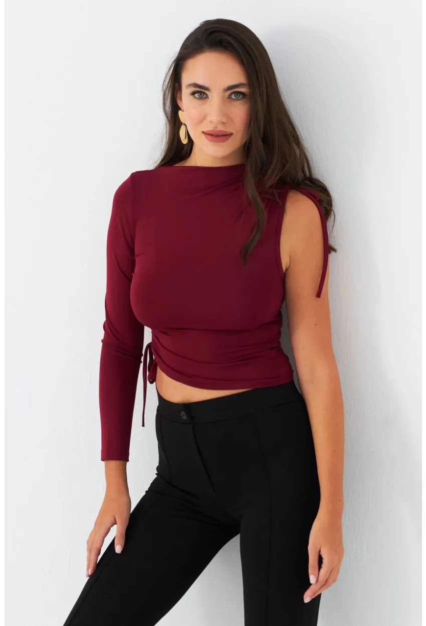 Kadın Bordo Büzülebilir Tek Kol Bluz CG390