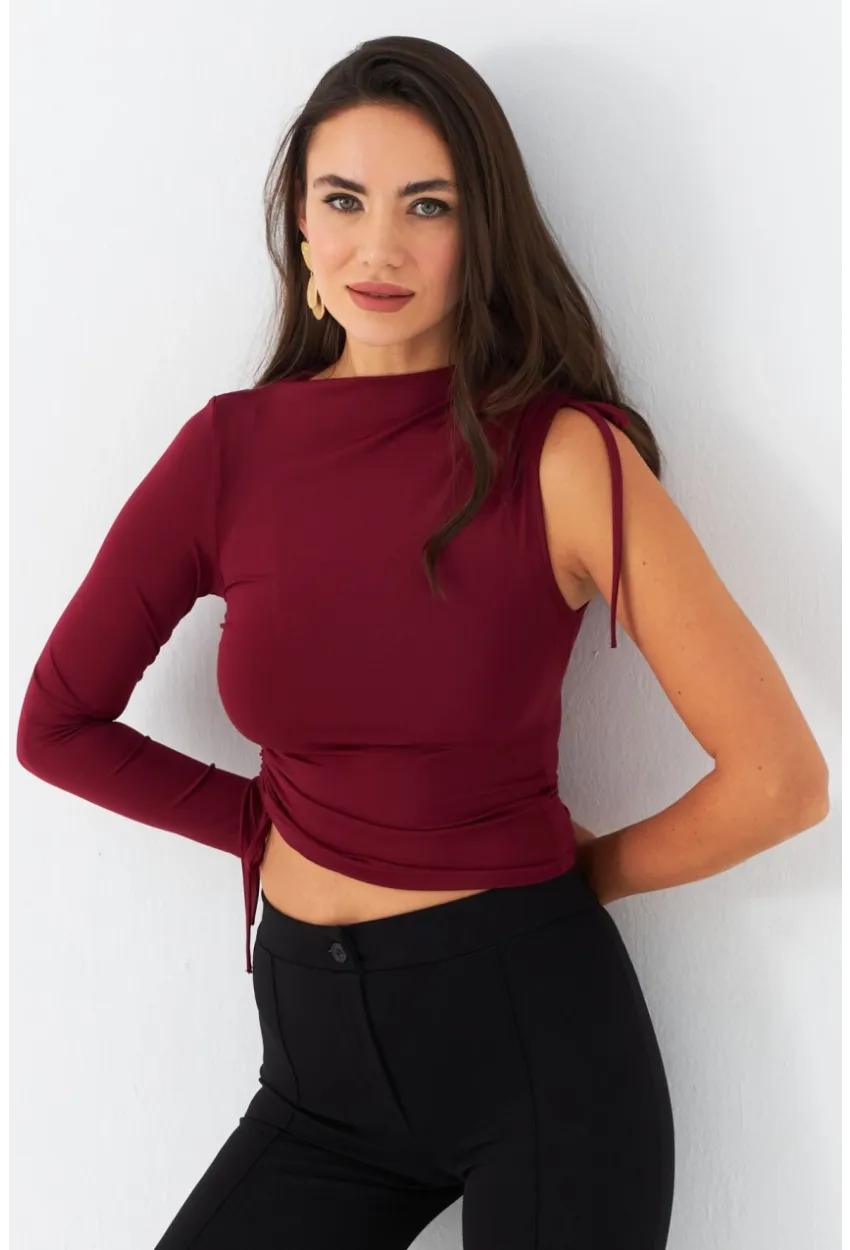 Kadın Bordo Büzülebilir Tek Kol Bluz CG390