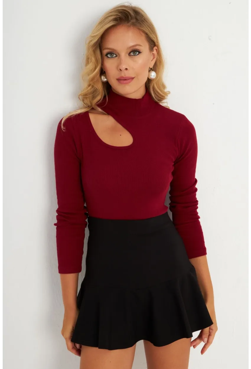 Kadın Bordo Çapraz Yaka Yarım Balıkçı Bluz B1404