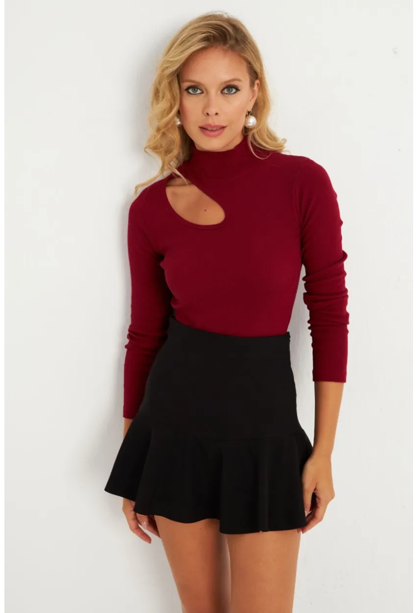Kadın Bordo Çapraz Yaka Yarım Balıkçı Bluz B1404