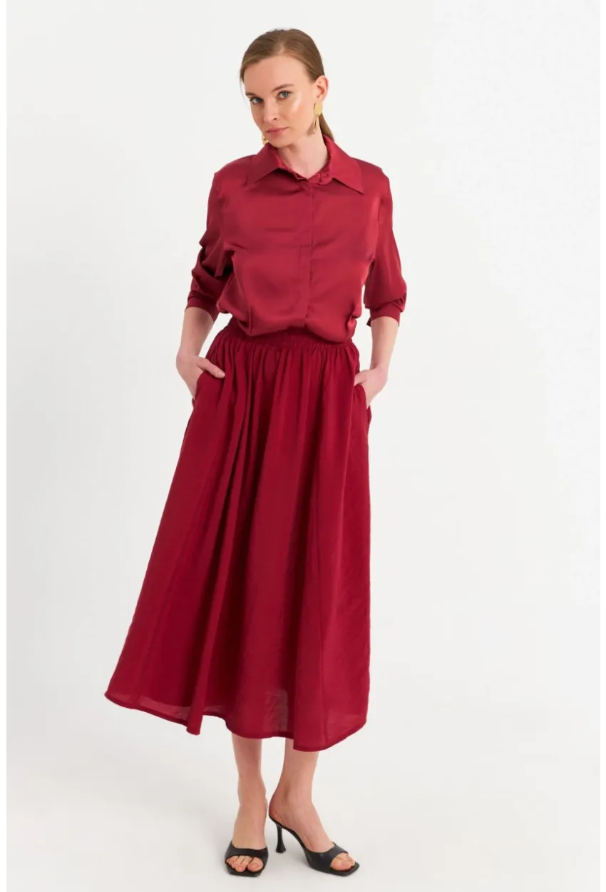 Kadın Bordo Cepli Midi Etek MSH20194