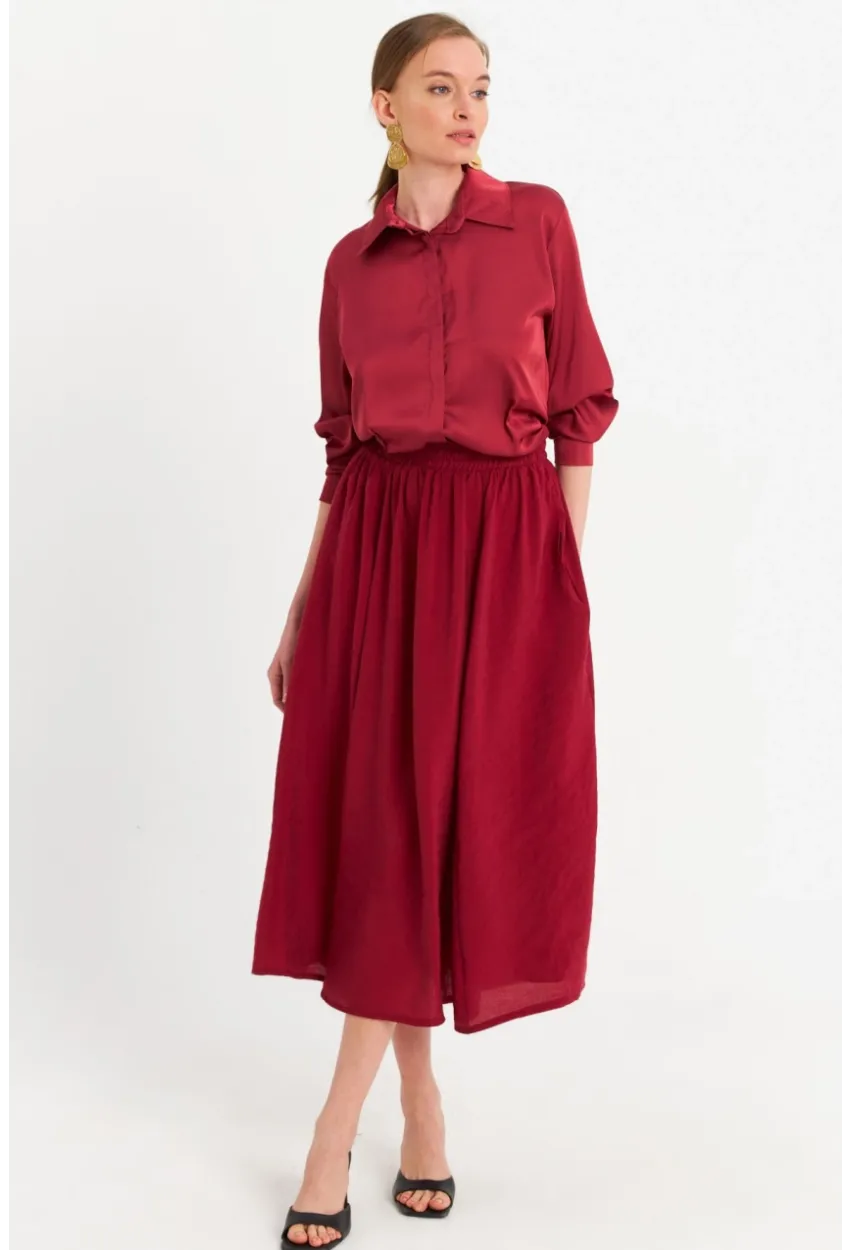 Kadın Bordo Cepli Midi Etek MSH20194