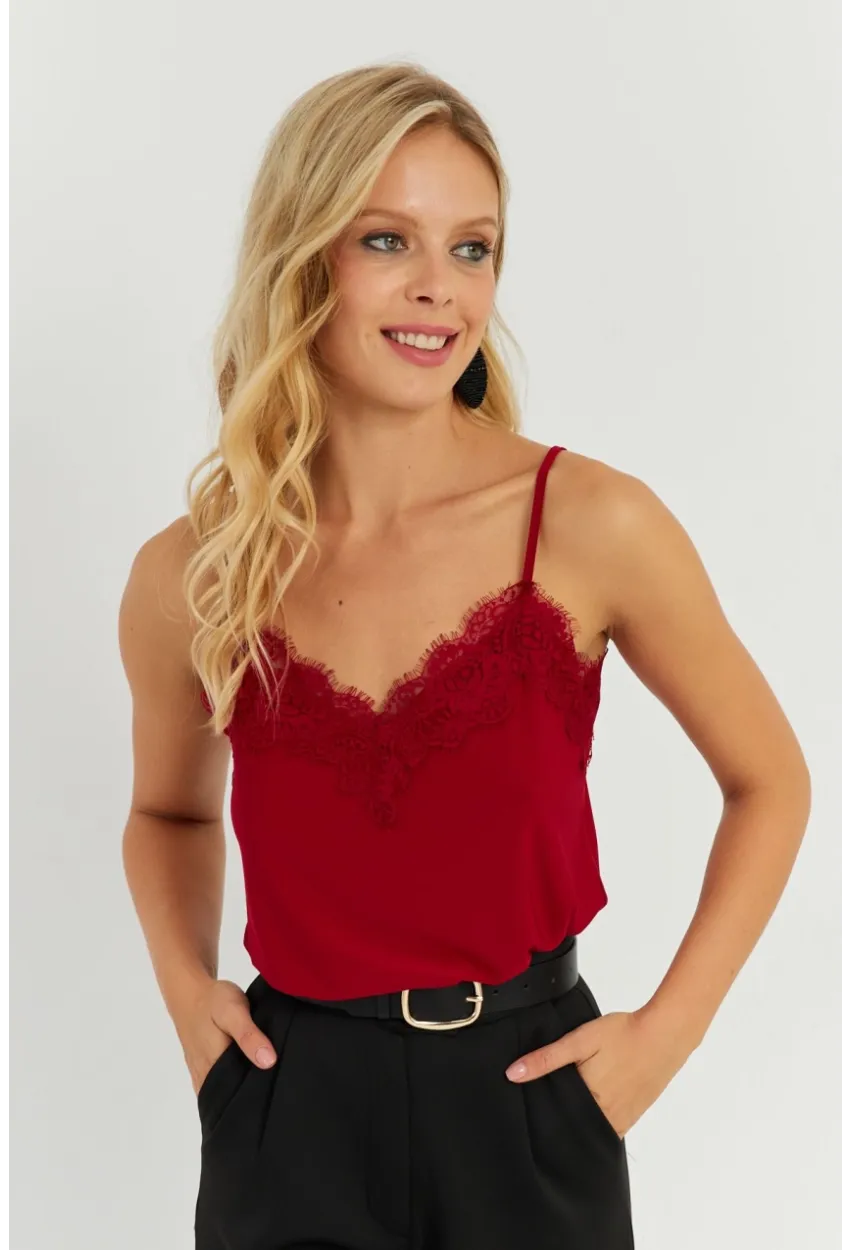 Kadın Bordo Dantel Detaylı Atlet AYD265