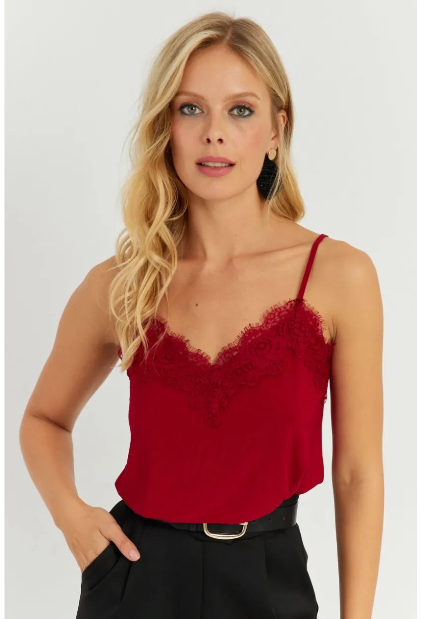 Kadın Bordo Dantel Detaylı Atlet AYD265