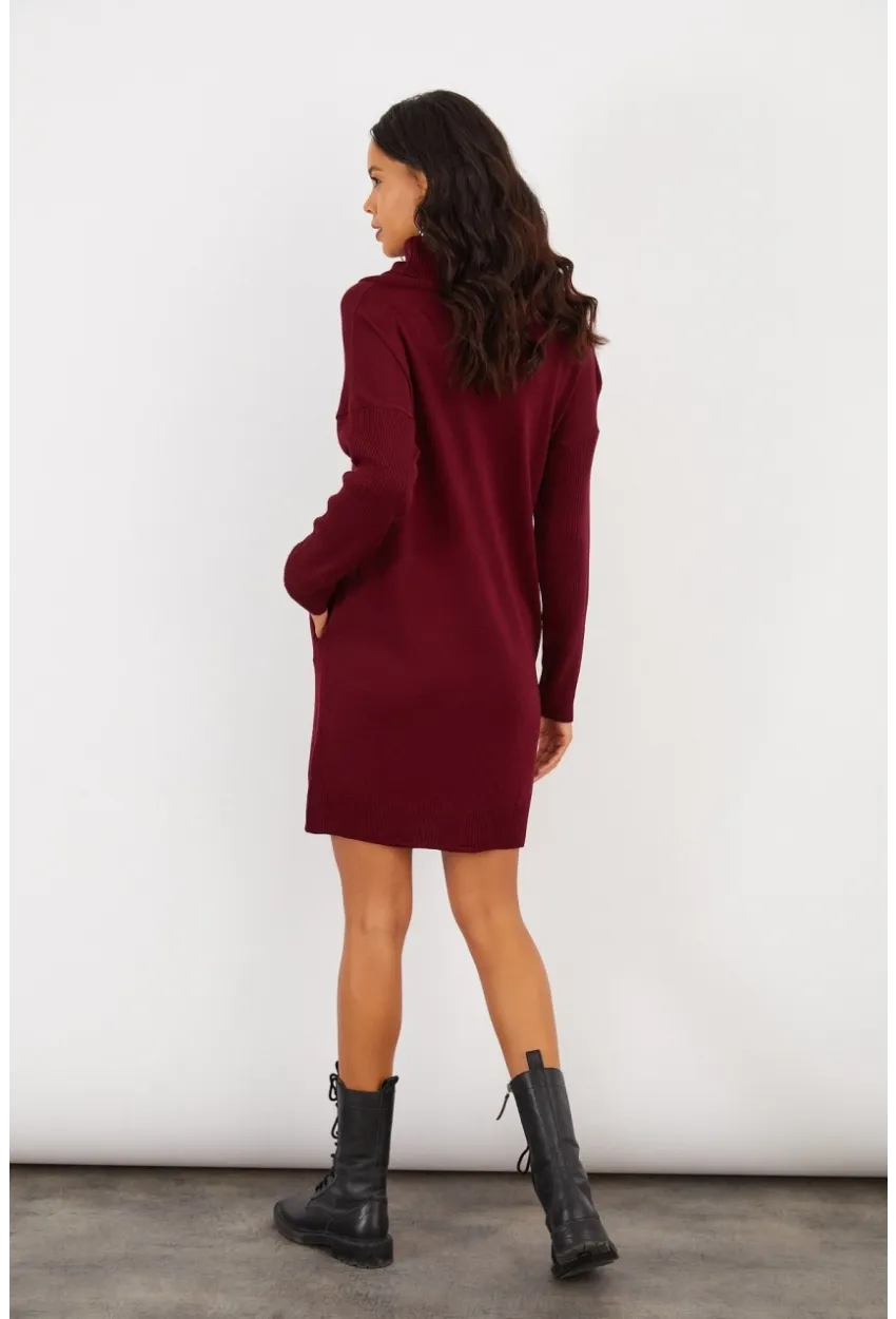 Kadın Bordo Degaje Yaka Triko Mini Elbise YV73