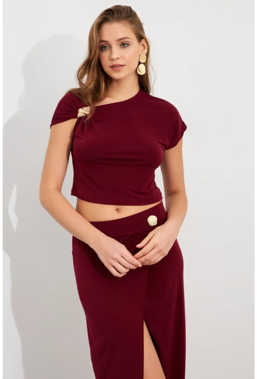 Kadın Bordo Dore Aksesuarlı İkili Takım UG7112