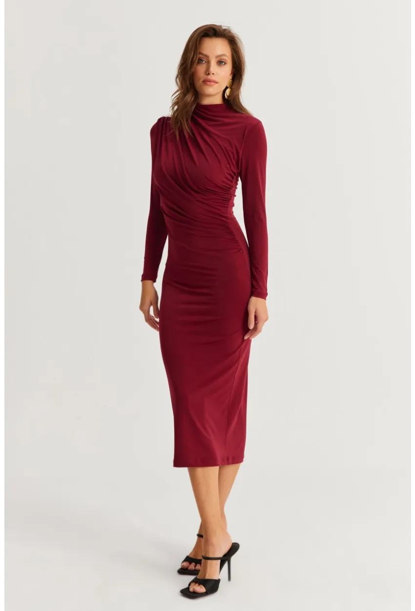 Kadın Bordo Drape Maxi Elbise DMR377