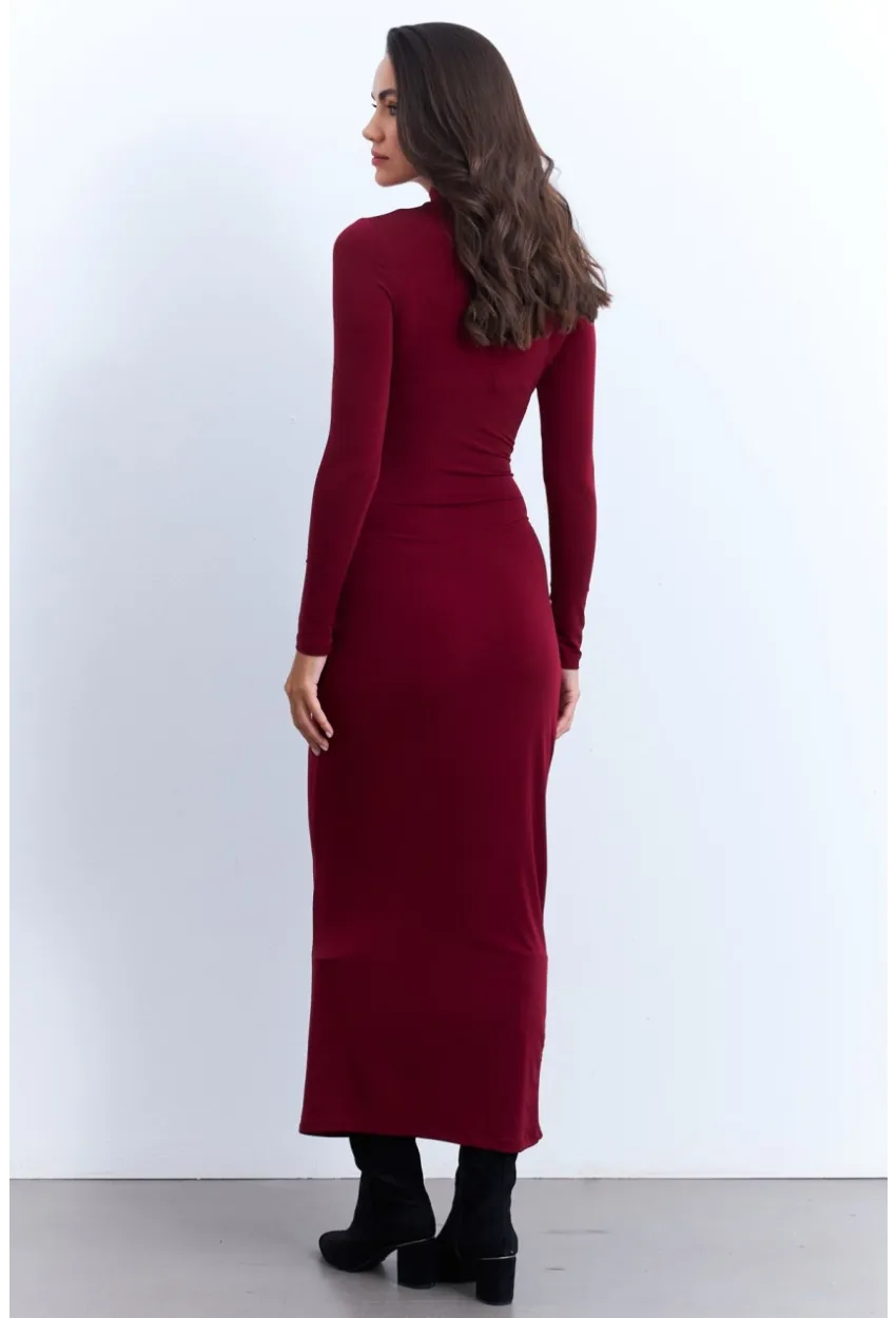 Kadın Bordo Drapeli Maxi Elbise MLİK12