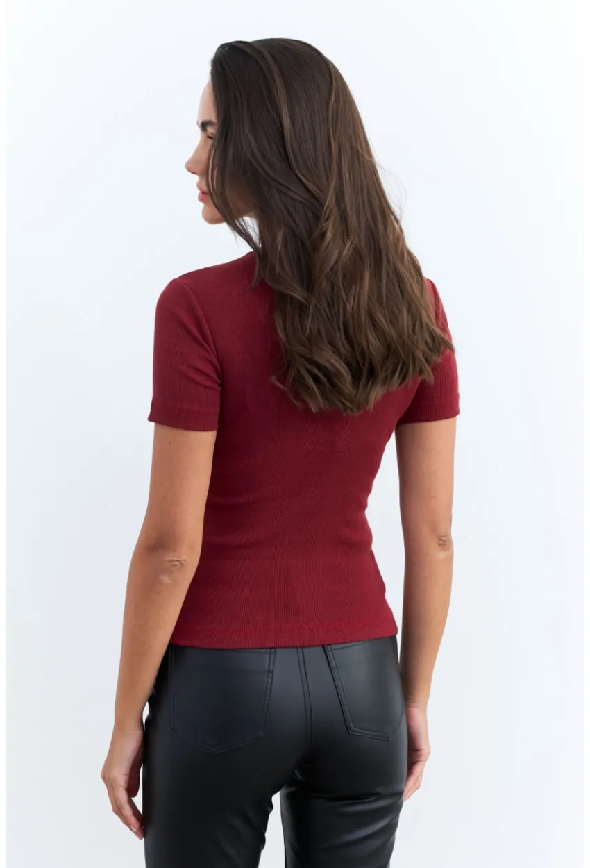 Kadın Bordo Düğme Aksesuarlı Kaşkorse Bluz EY2560