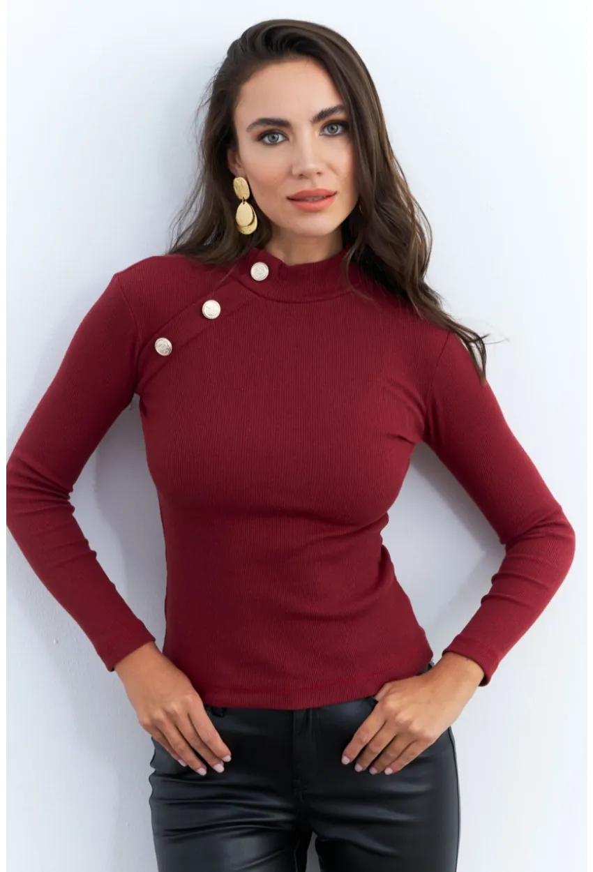 Kadın Bordo Düğme Aksesuarlı Kaşkorse Bluz EY2579