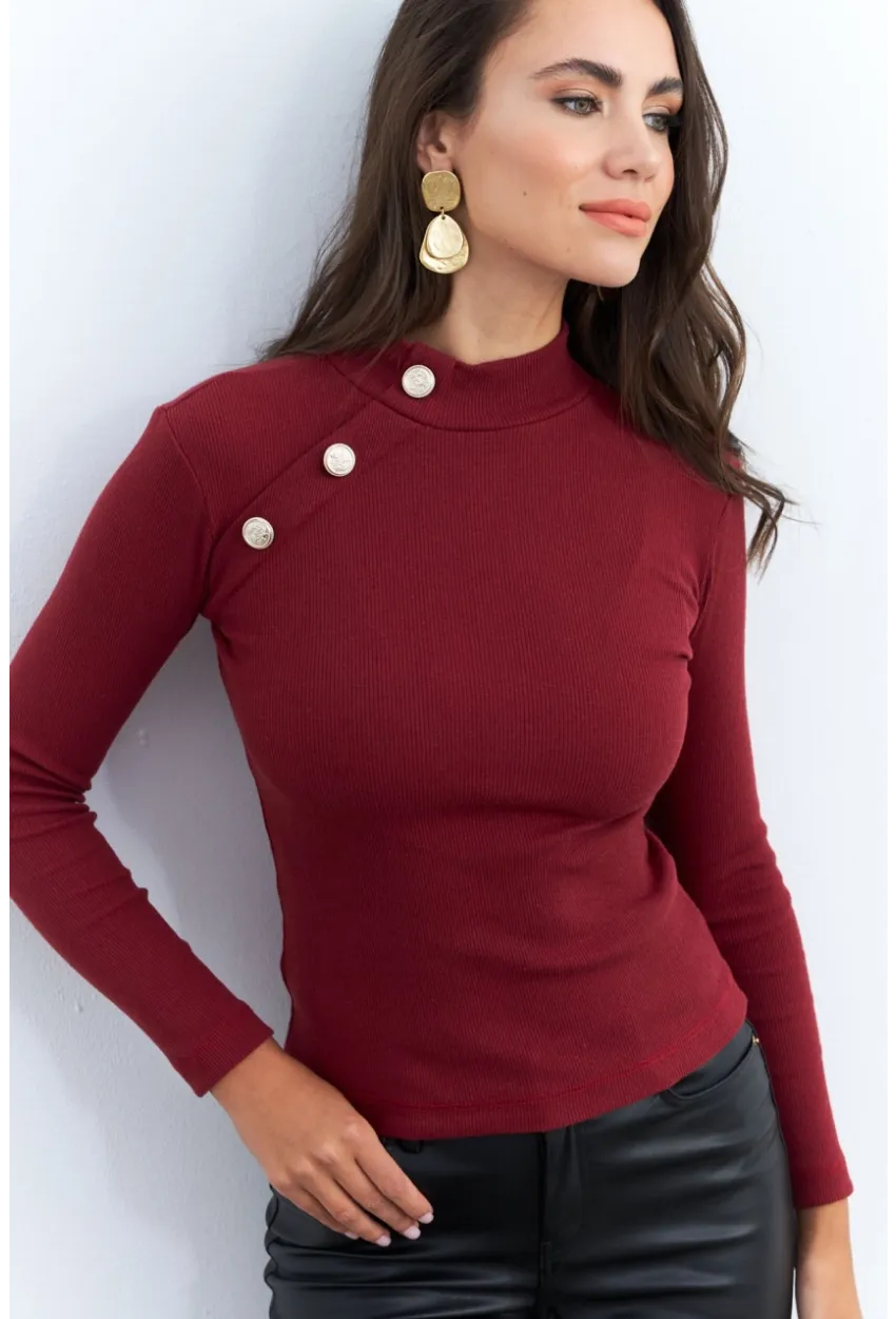 Kadın Bordo Düğme Aksesuarlı Kaşkorse Bluz EY2579