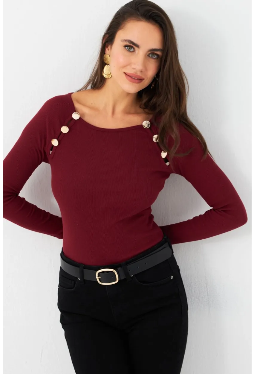 Kadın Bordo Düğme Aksesuarlı Kaşkorse Bluz EY2945