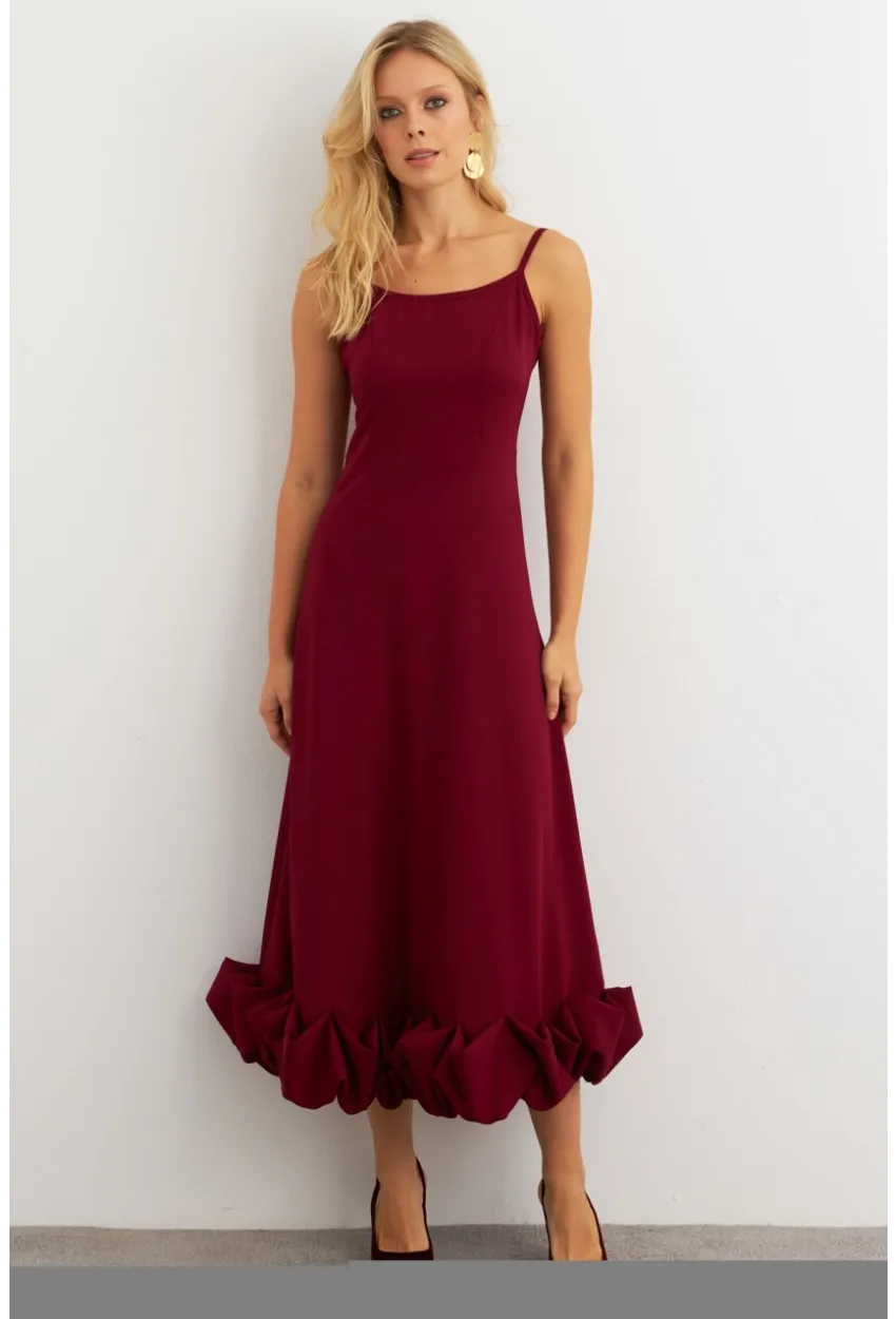 Kadın Bordo Eteği Fırfırlı Şık Maxi Elbise FRY2266