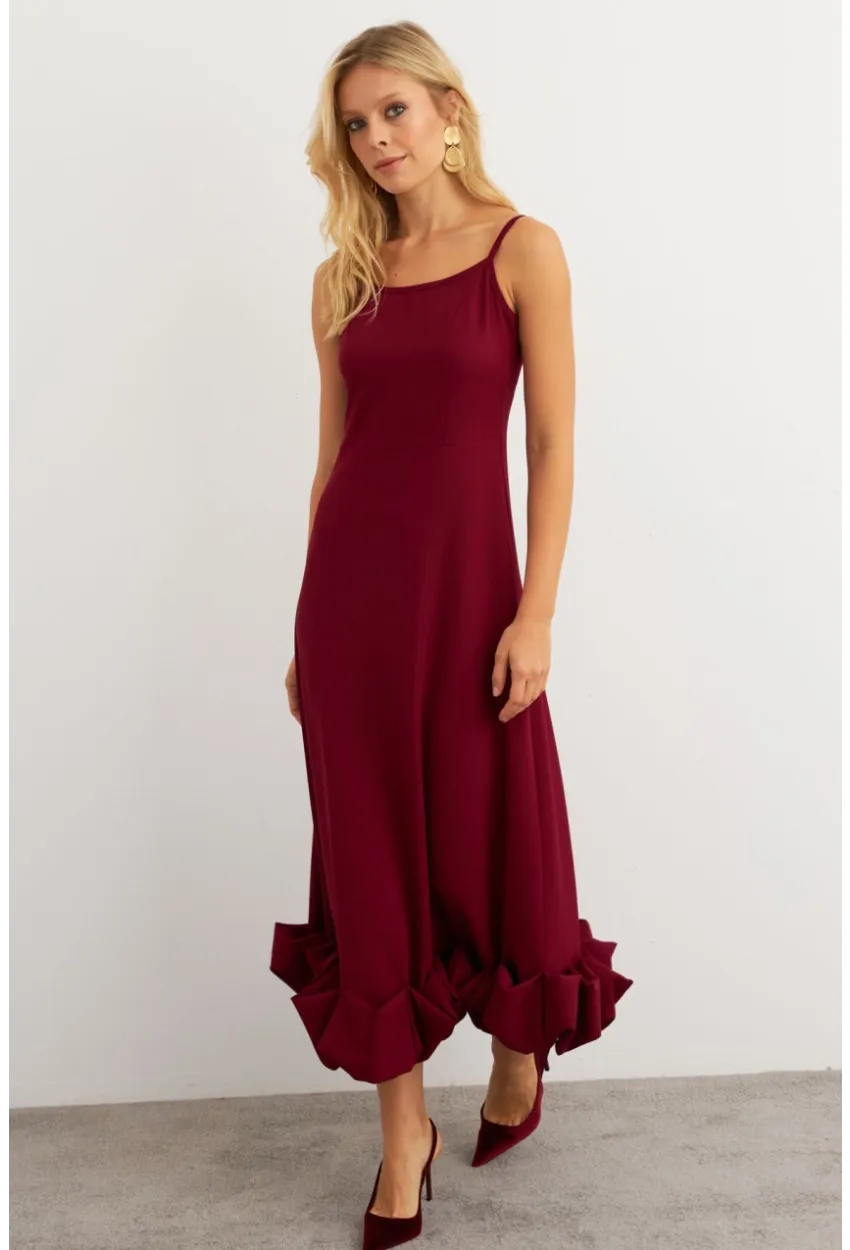 Kadın Bordo Eteği Fırfırlı Şık Maxi Elbise FRY2266