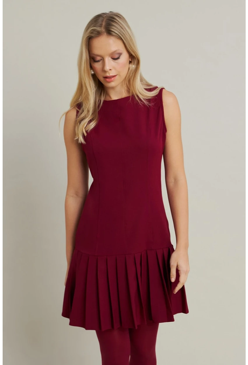 Kadın Bordo Etegi Pileli Mini Elbise FRY2265