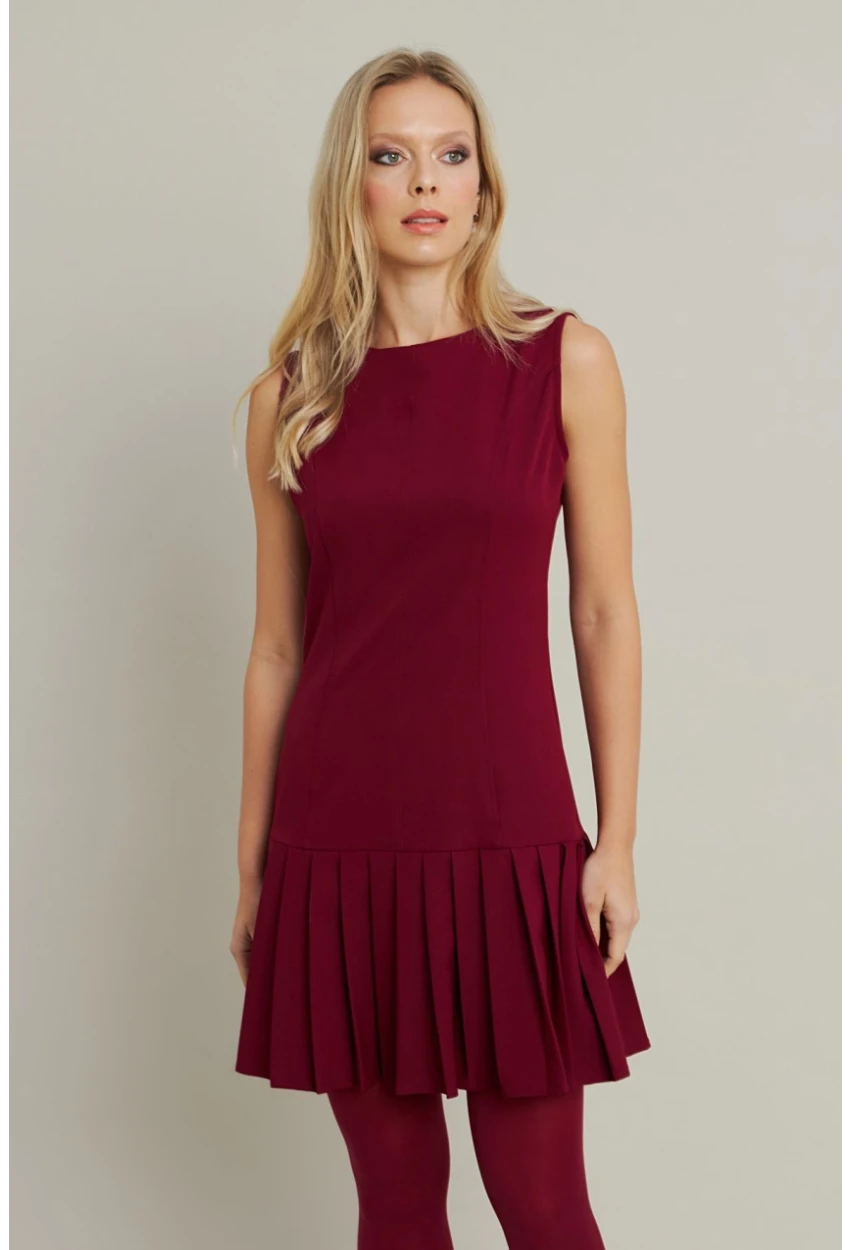 Kadın Bordo Etegi Pileli Mini Elbise FRY2265