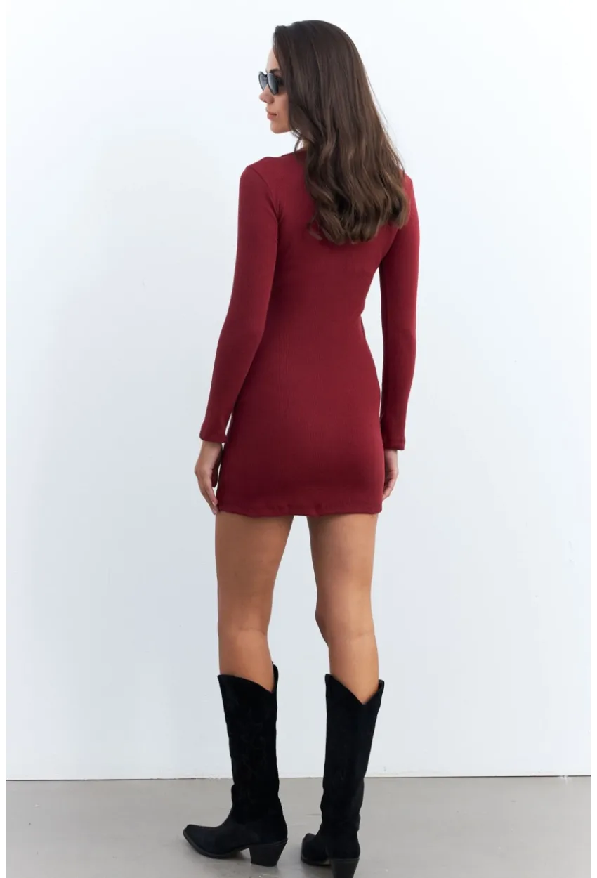 Kadın Bordo Fermuarlı Kaşkorse Mini Elbise EY2530