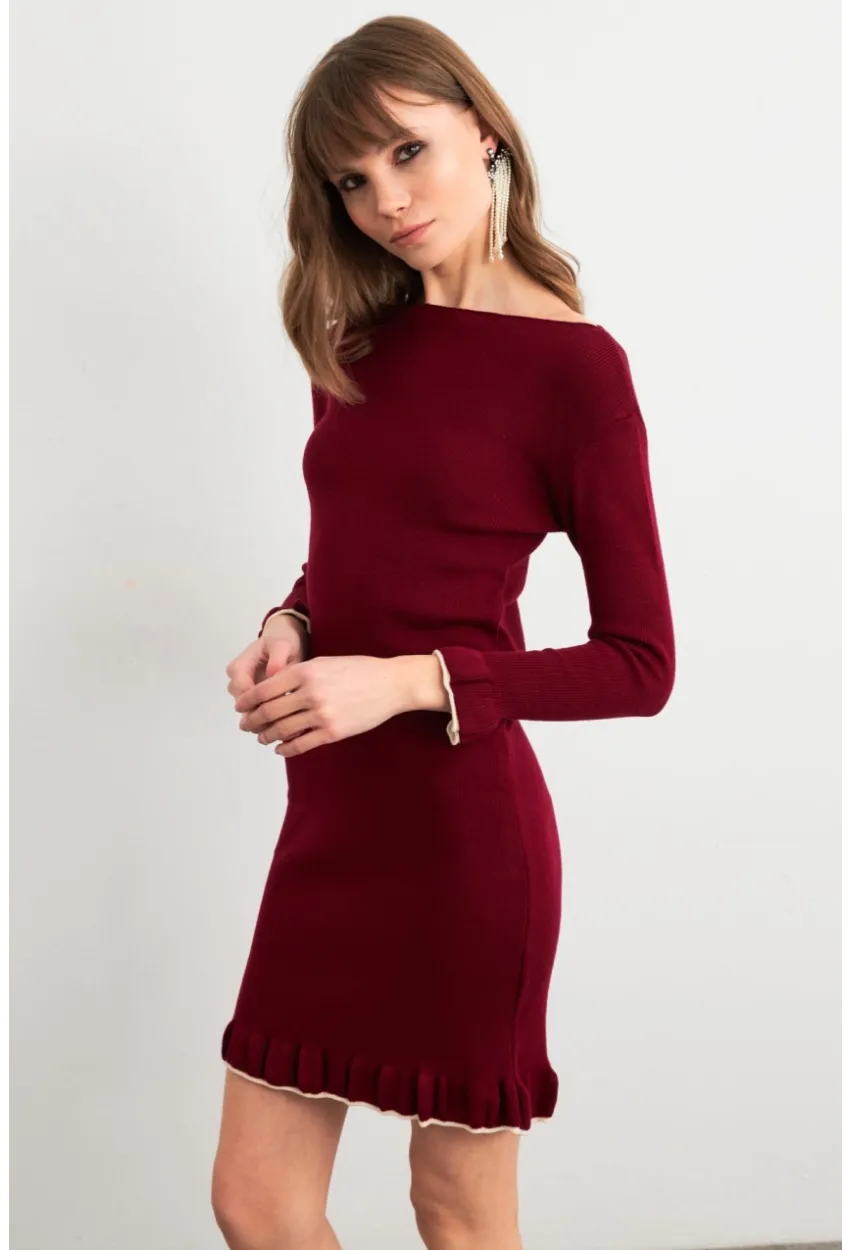 Kadın Bordo Fırfırlı Basic Triko Midi Elbise SF2559