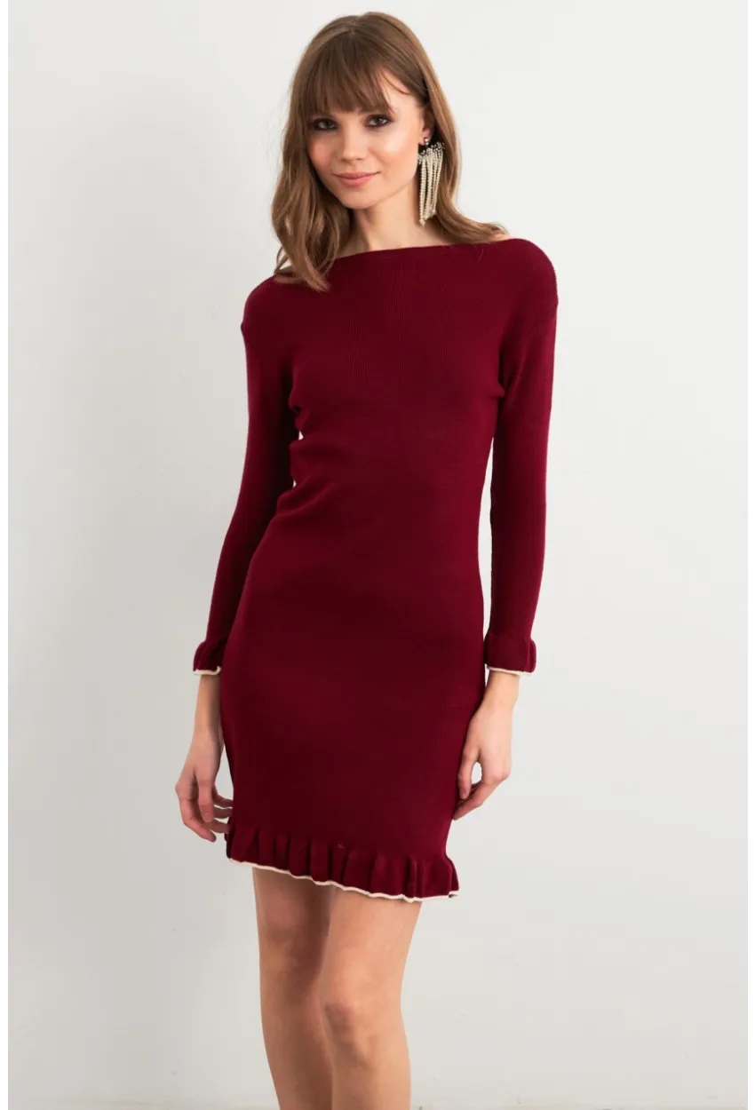 Kadın Bordo Fırfırlı Basic Triko Midi Elbise SF2559