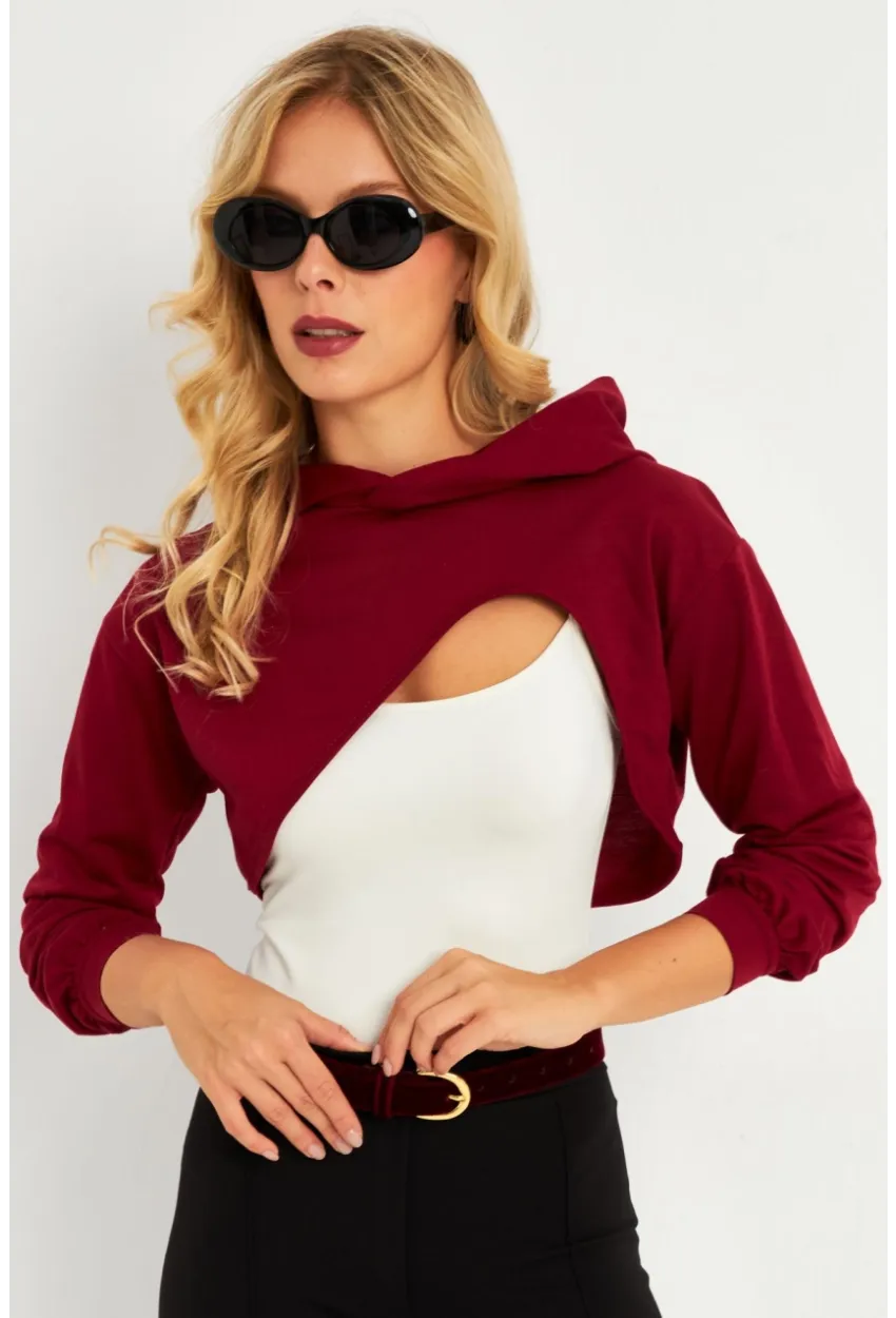 Kadın Bordo Kapüşonlu Crop Sweatshirt  TF03