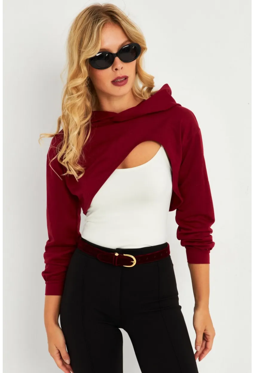Kadın Bordo Kapüşonlu Crop Sweatshirt  TF03